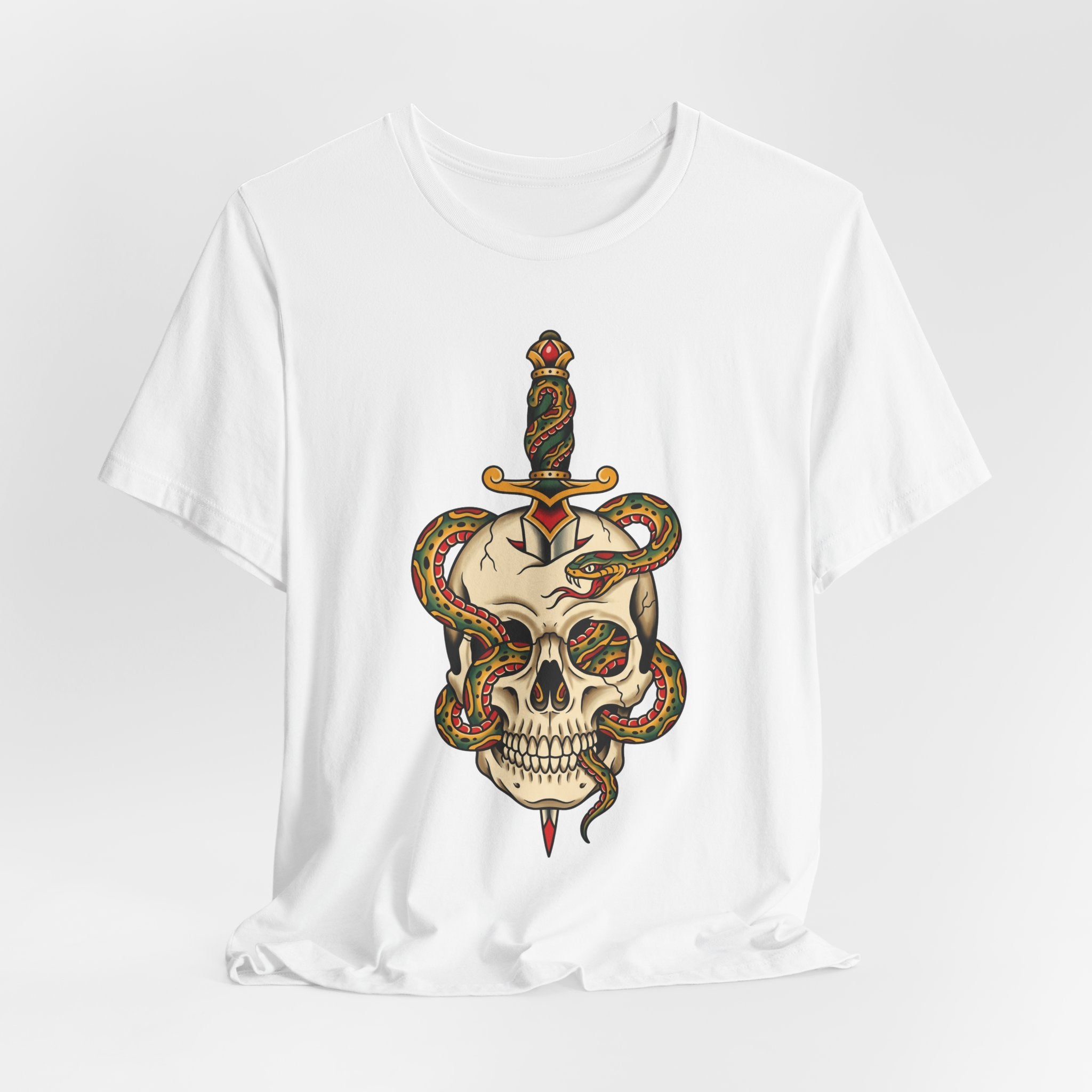 White unisex T-shirt with central snake-wrapped skull and dagger graphic