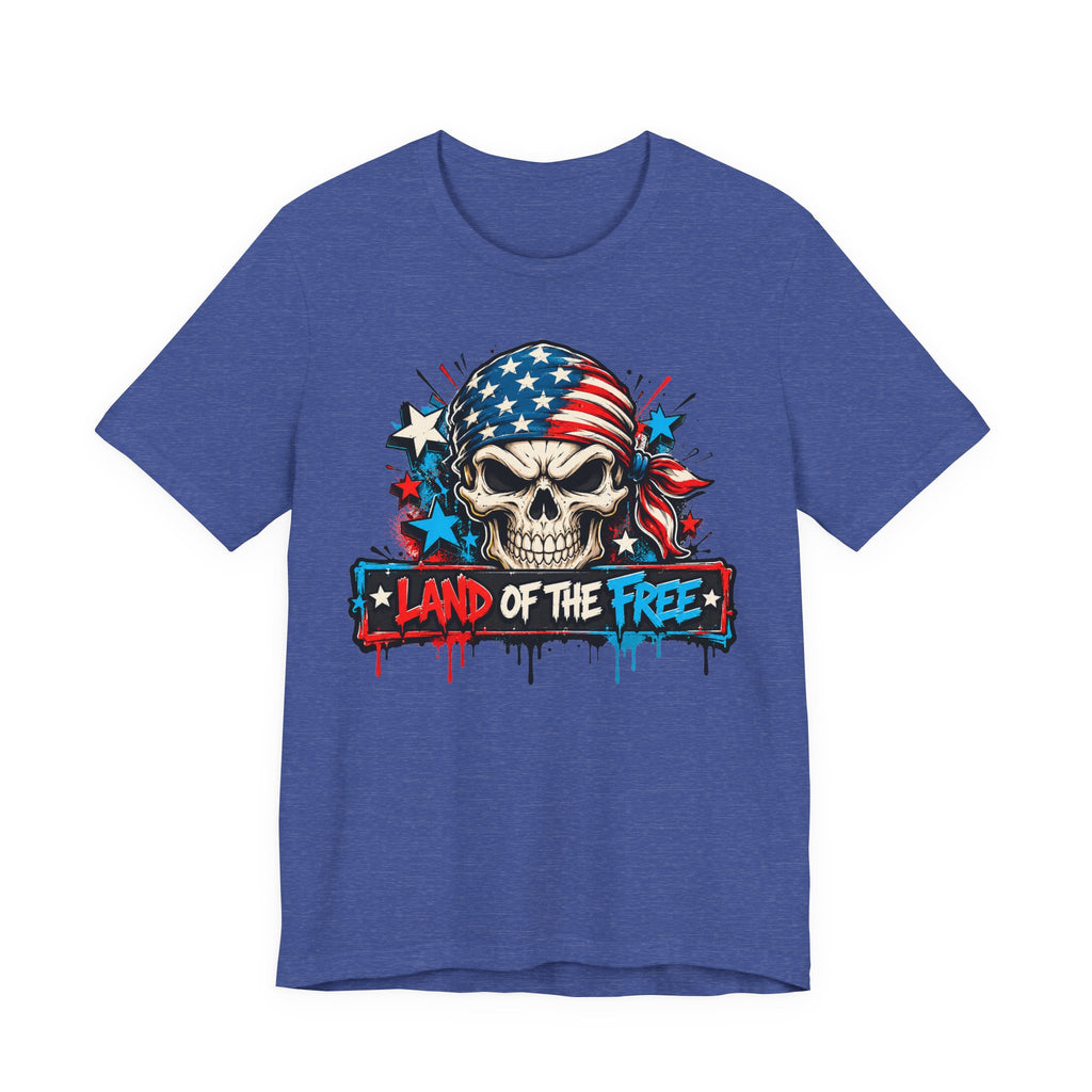 Blue skull patriotic T-shirt with American flag graphic on center chest
