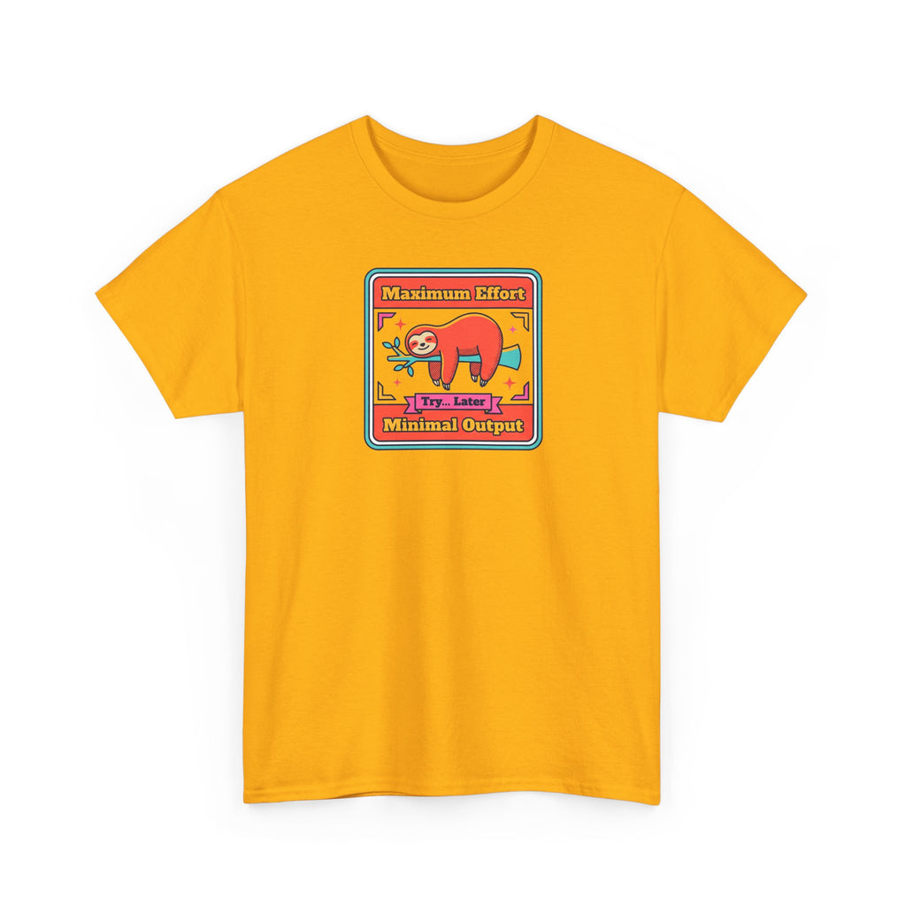 Mustard orange crewneck T-shirt with sloth graphic patch