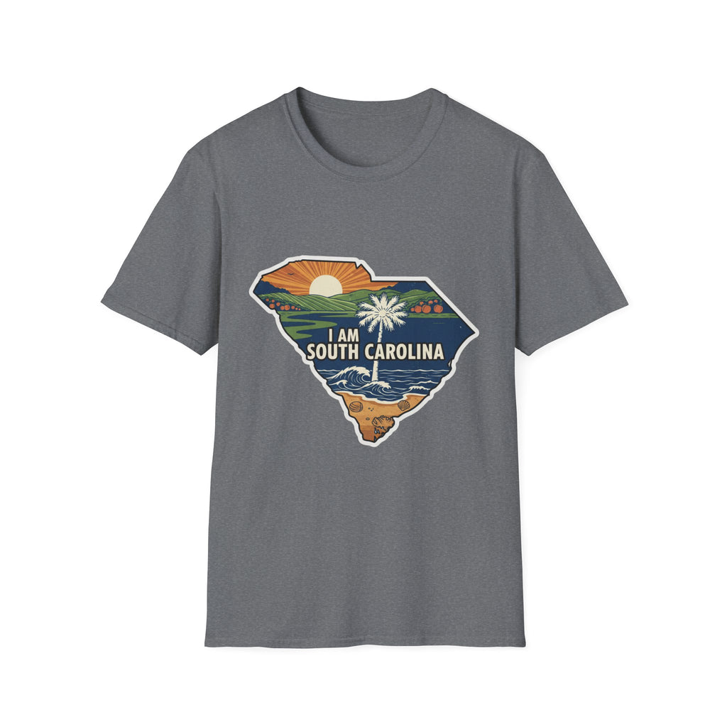 Graphite Heather T-shirt with South Carolina map graphic and “I AM SOUTH CAROLINA”
