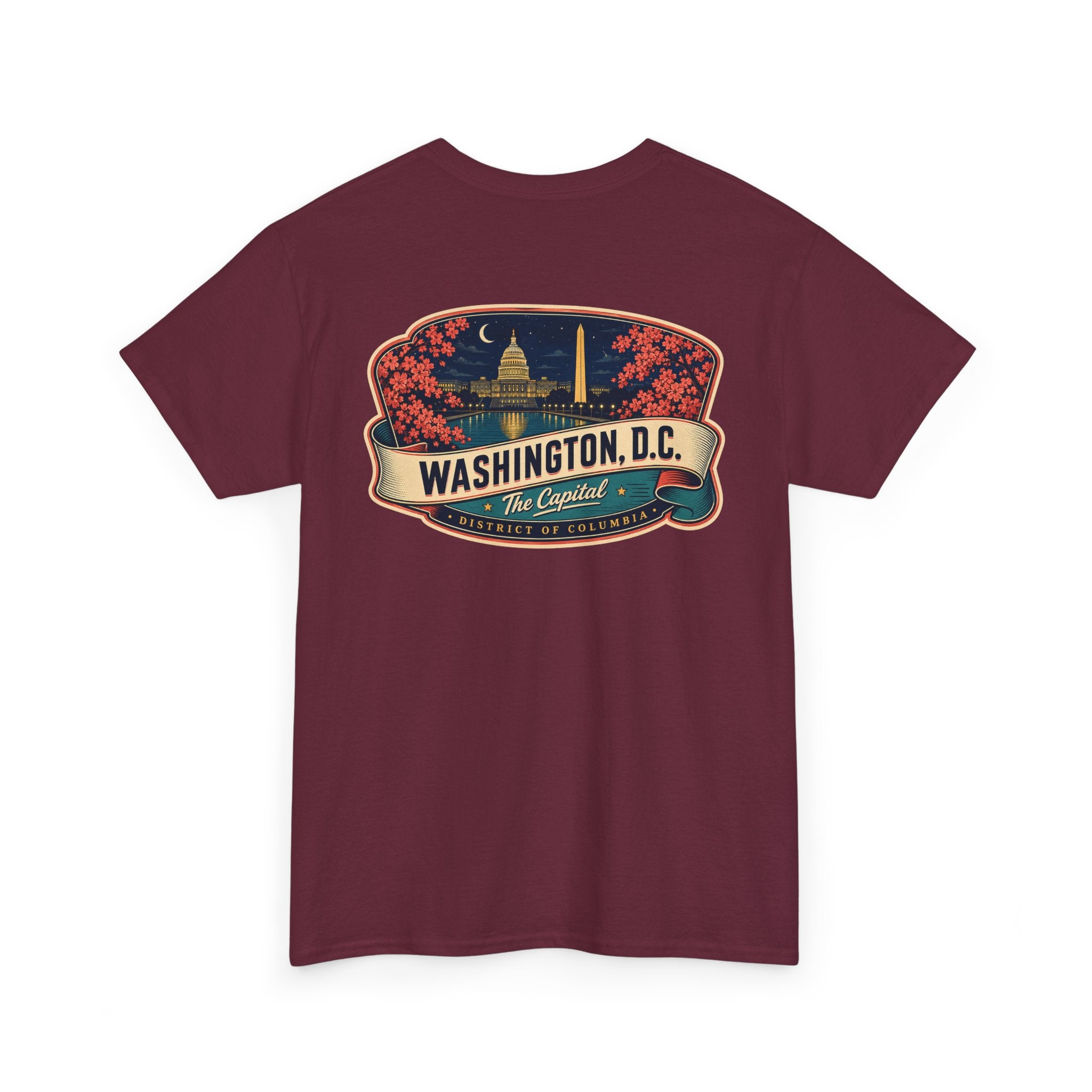Maroon T-shirt with large Washington, D.C. landmark badge graphic across the chest
