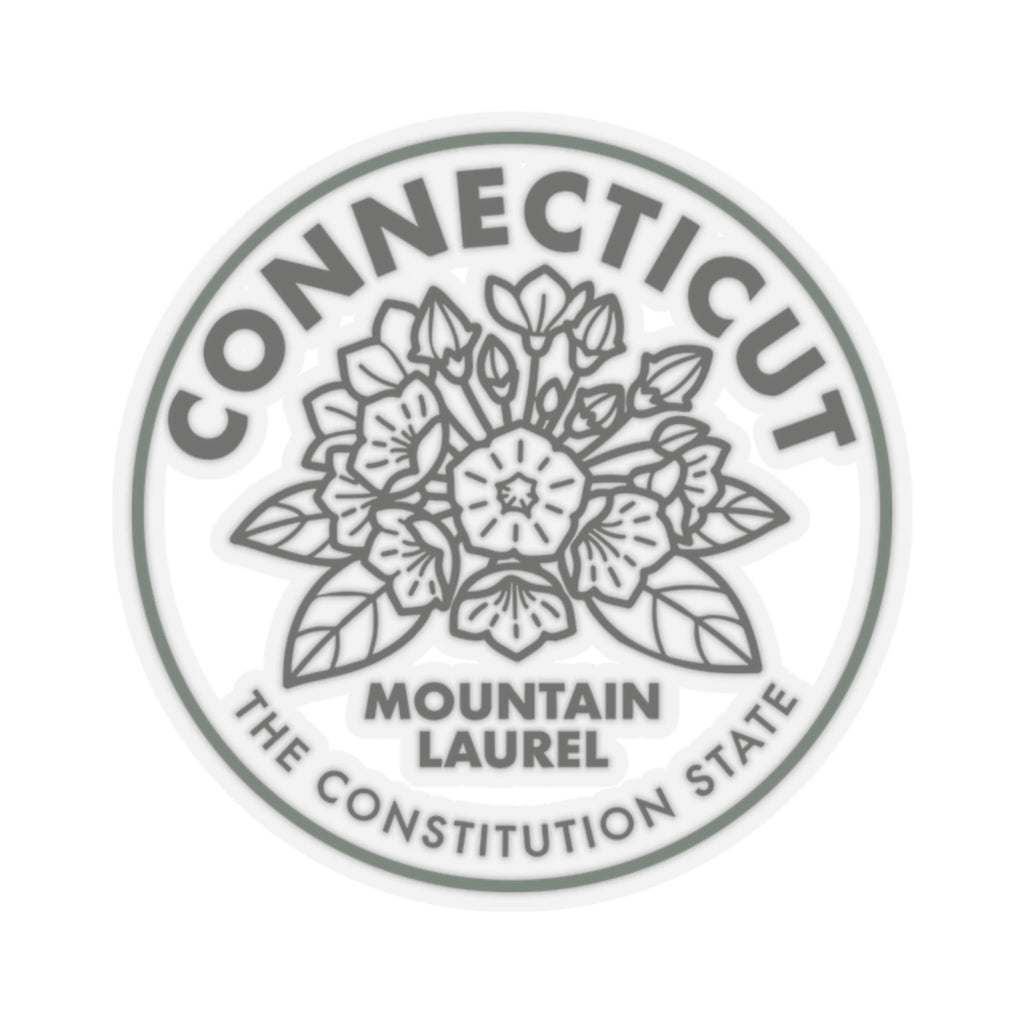 Round Connecticut Mountain Laurel sticker with floral line art and green border, transparent vinyl
