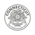 Round Connecticut Mountain Laurel sticker with floral line art and green border, transparent vinyl
