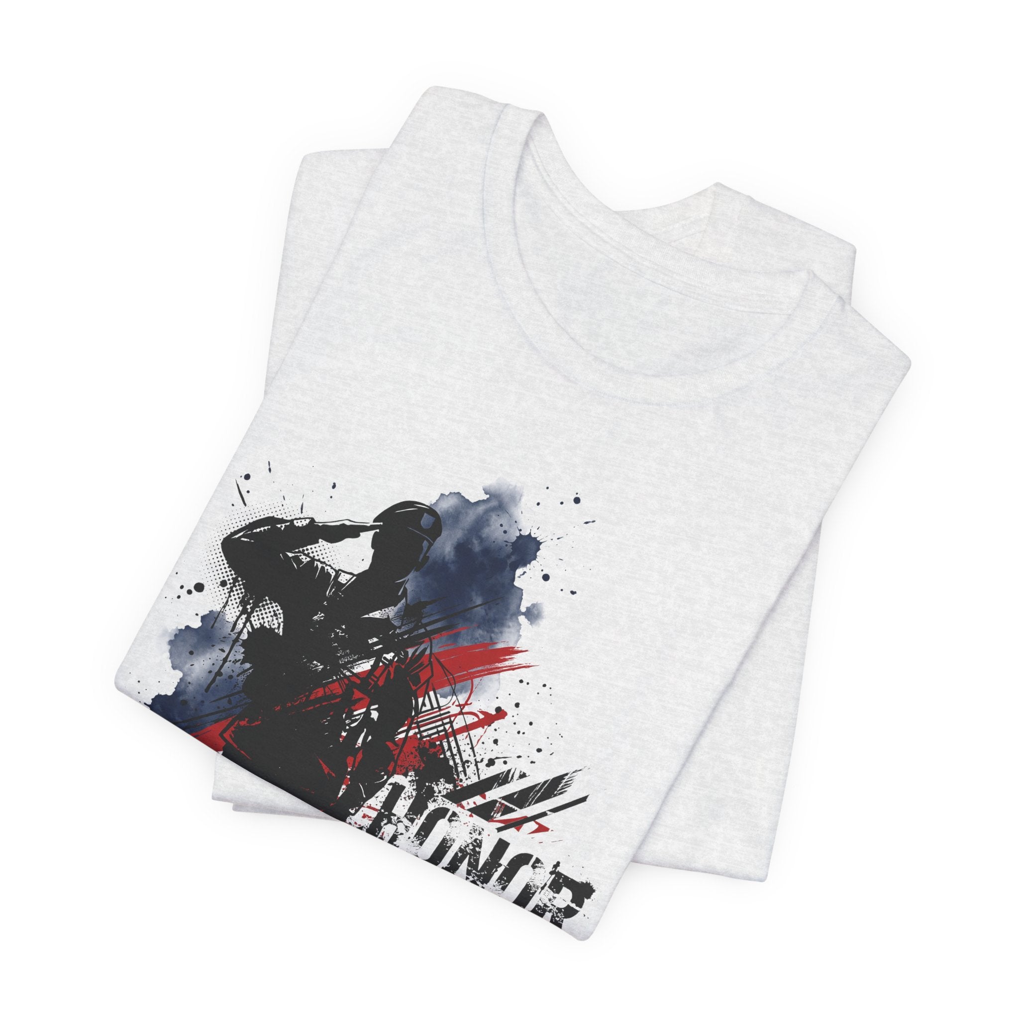 Light gray heather T-shirt set with soldier silhouette graphic in black, blue, and red