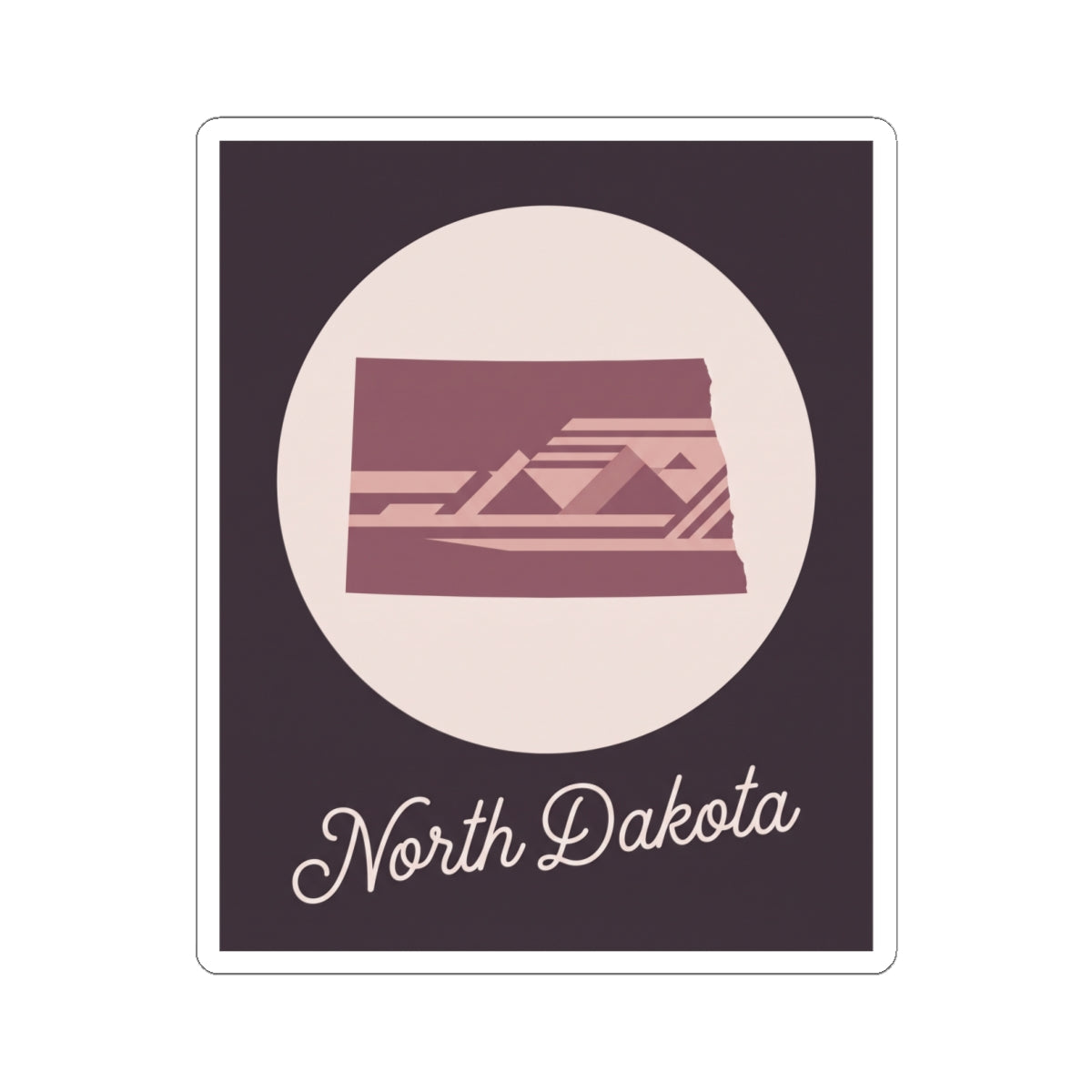 North Dakota square sticker showing maroon illustrated state scene inside a pale circle
