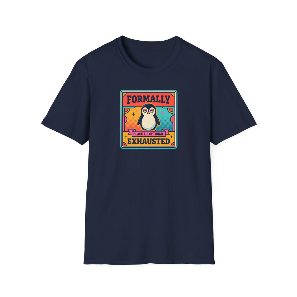 Navy short-sleeve T-shirt with penguin “Formally Exhausted” front graphic