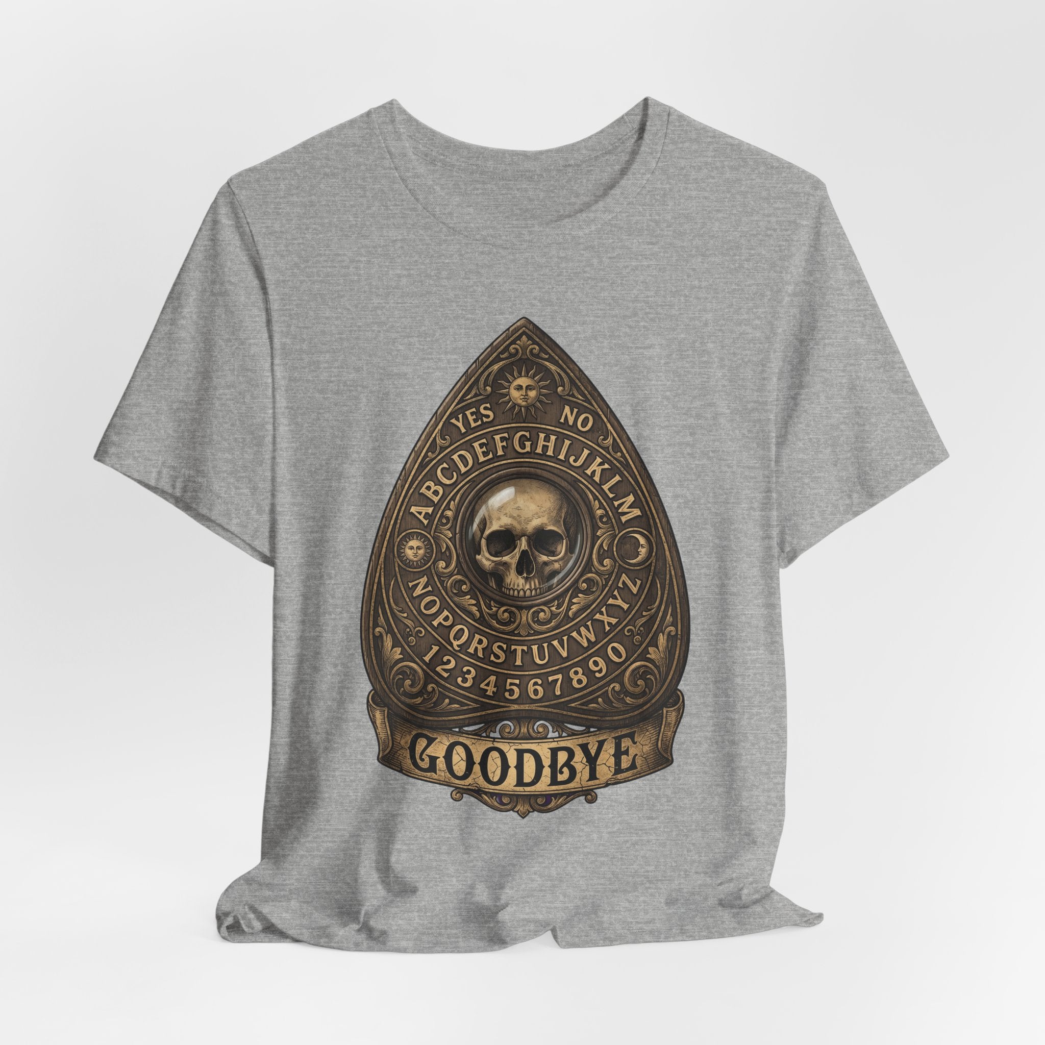 Skull Planchette T-Shirt, hellgrau meliert, „GOODBYE“ Totenkopf-Druck