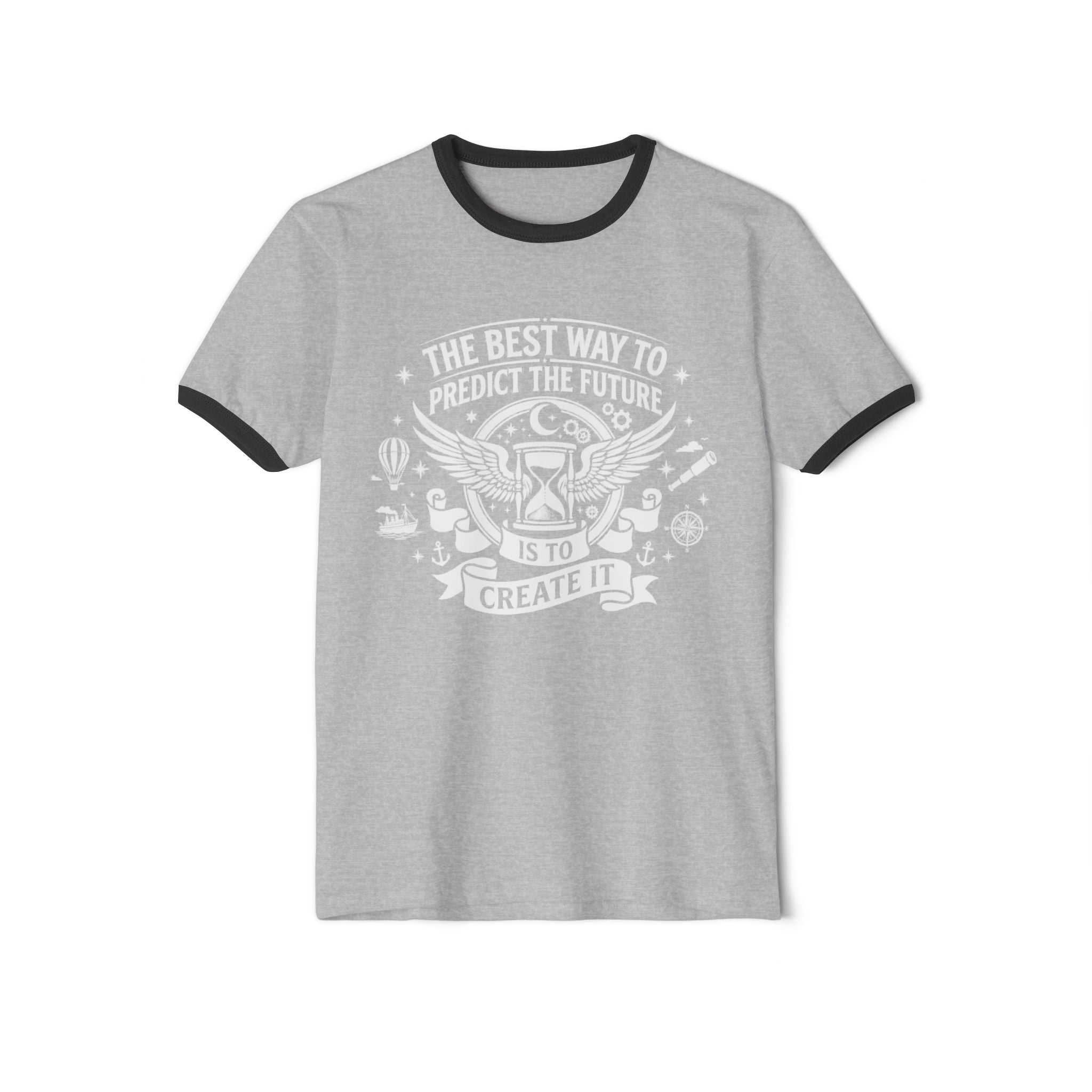 Ringer T-shirt in heather grey with 'Predict the future, create it' graphic
