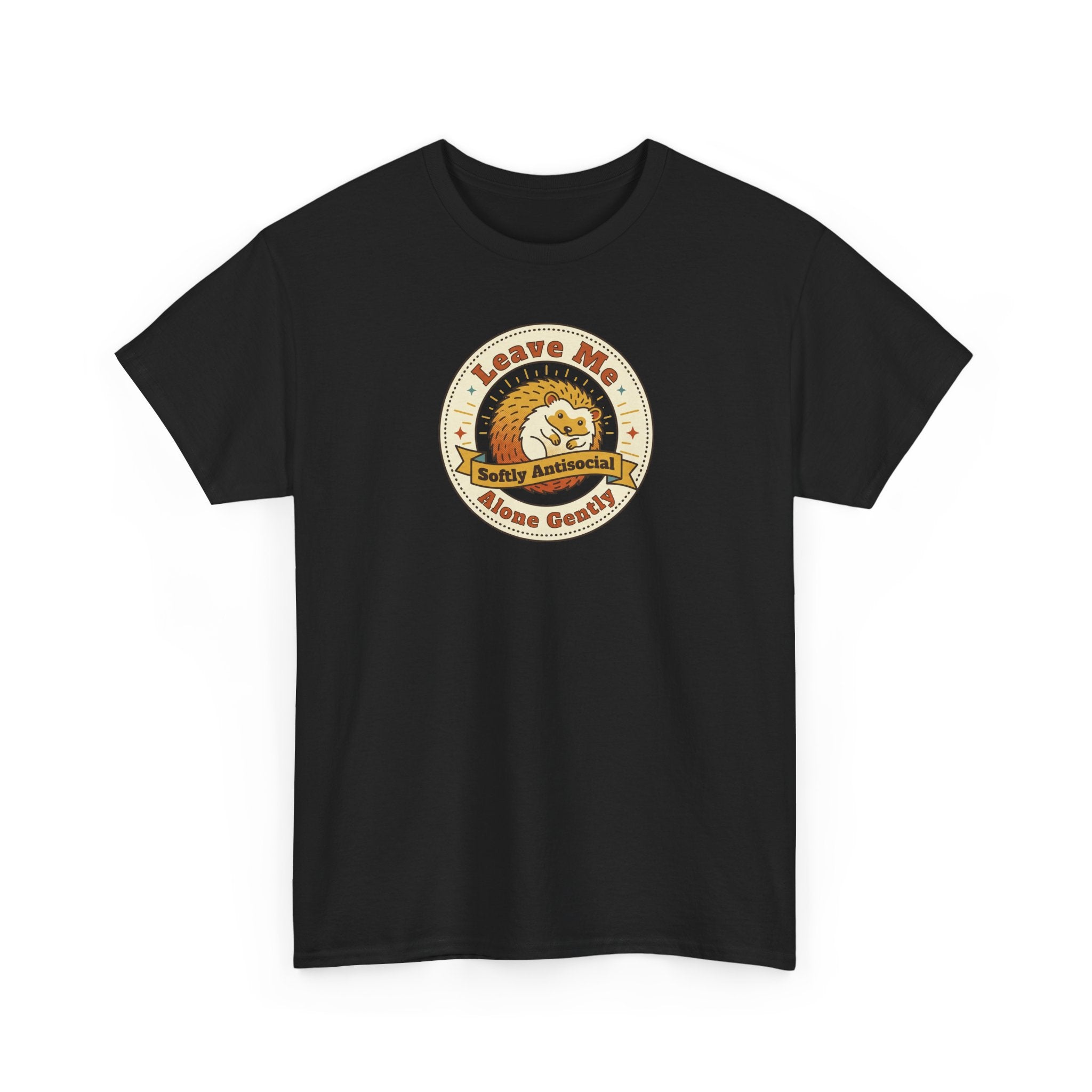Black short-sleeve T-shirt with circular hedgehog graphic on chest