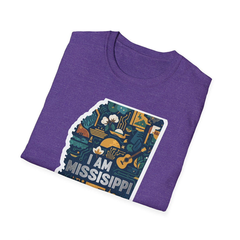Mississippi I Am T-shirt, heather purple; front state-map illustration with icons