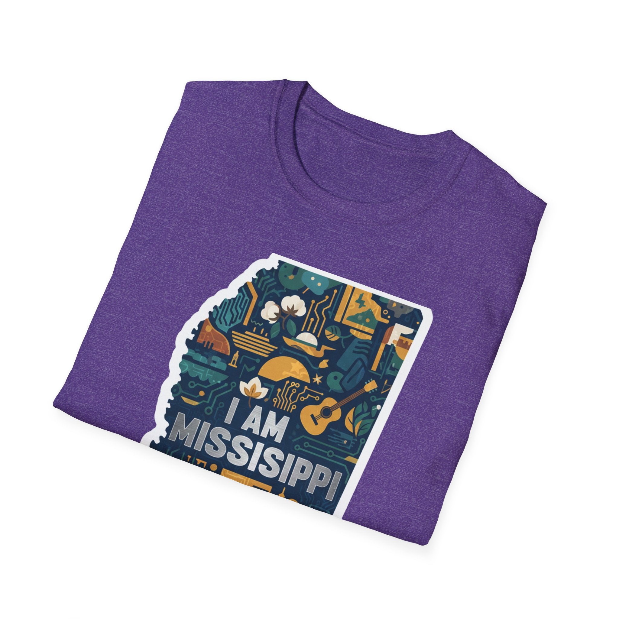 Mississippi I Am T-shirt, heather purple; front state-map illustration with icons