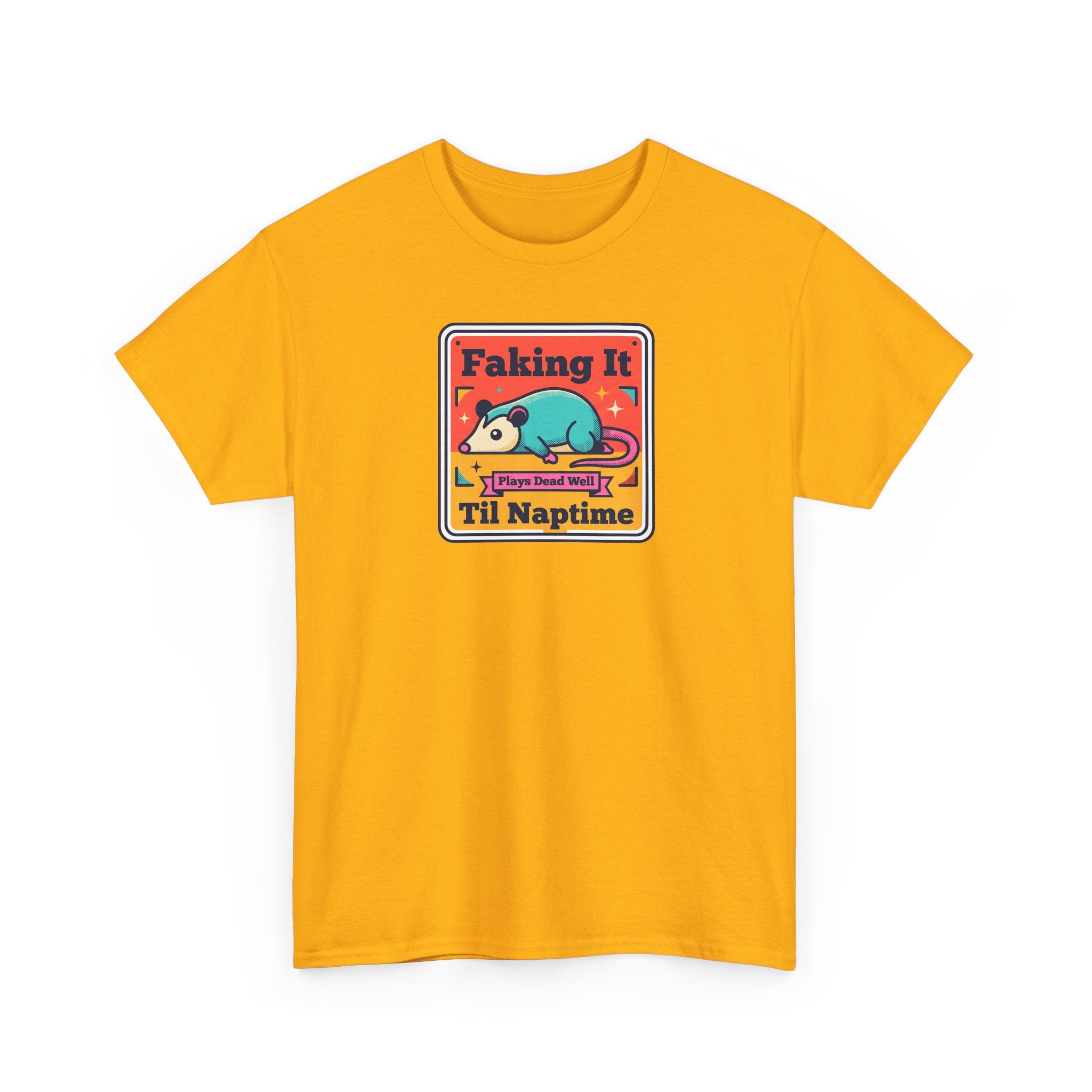 Orange T-shirt with crew neck and sleeping panda graphic patch on chest