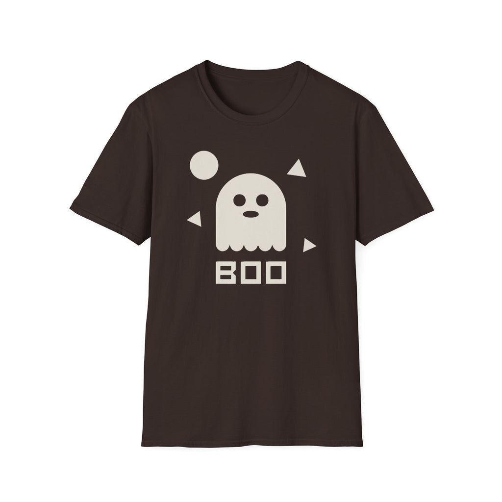 Dark brown T-shirt with white ghost graphic and BOO text on the front