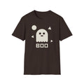 Dark brown T-shirt with white ghost graphic and BOO text on the front