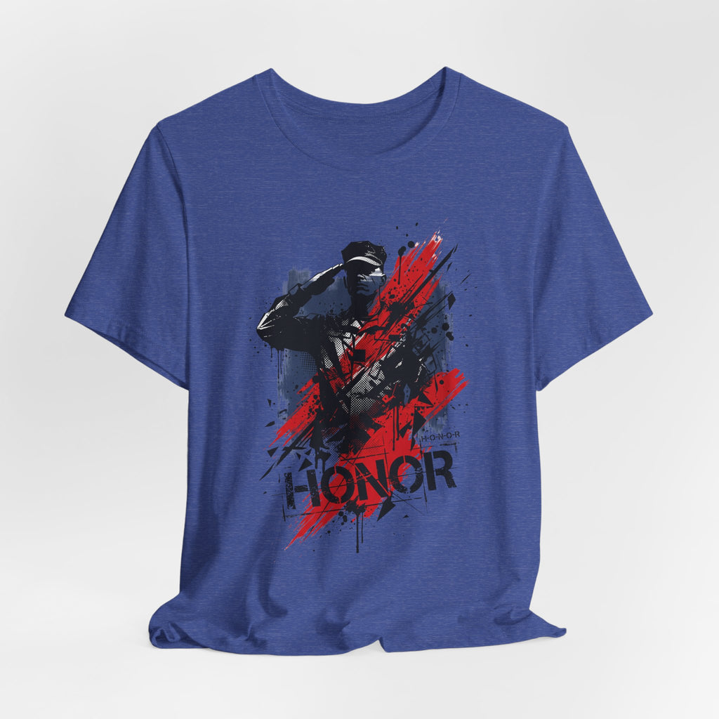 Blue crewneck T-shirt featuring soldier silhouette graphic with red and black paint splashes.