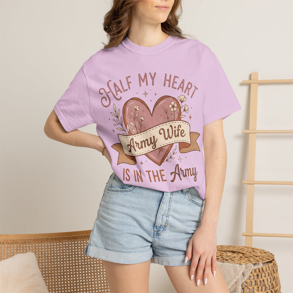 Lilac T-shirt with heart graphic and “Army Wife” banner text, short sleeves