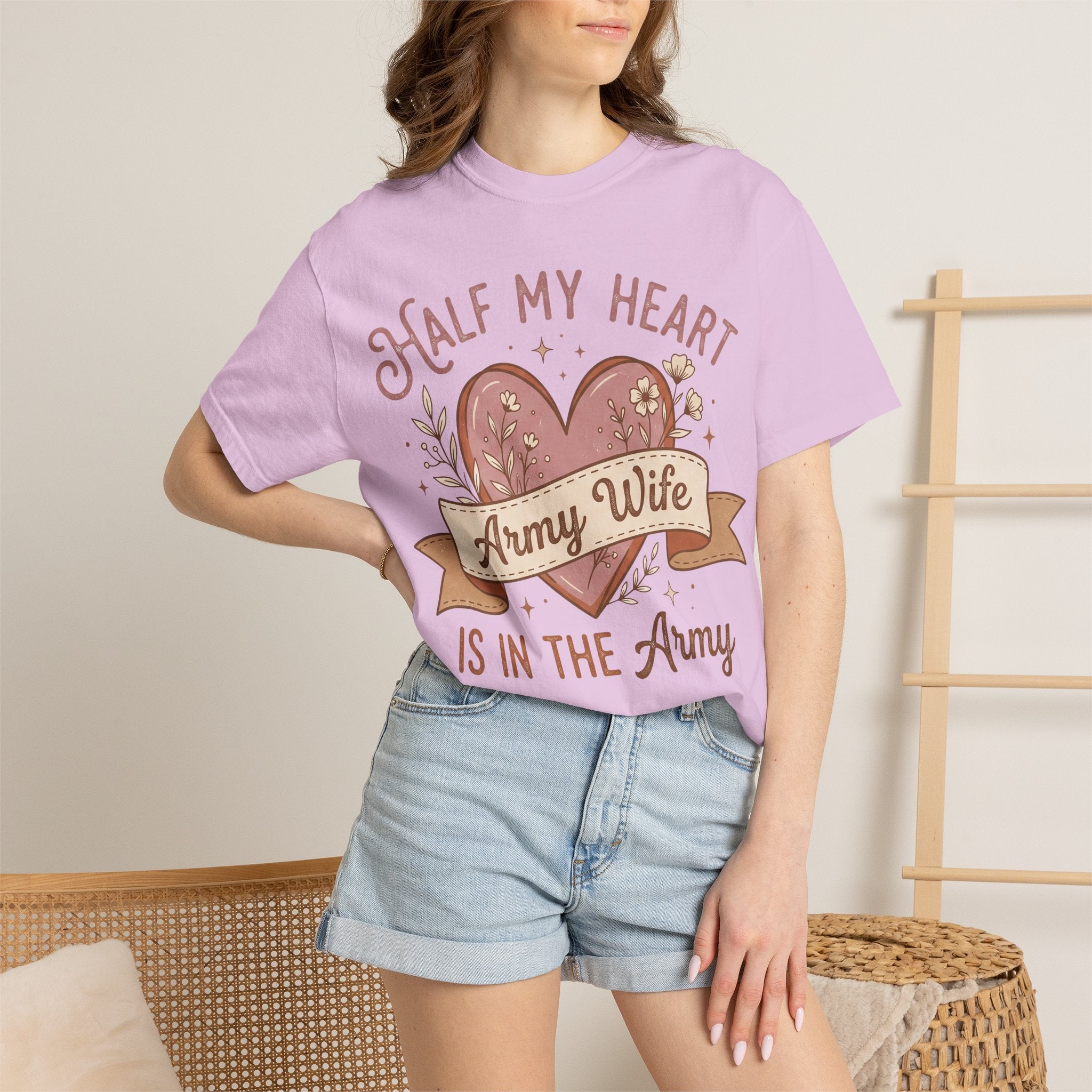 Lilac T-shirt with heart graphic and “Army Wife” banner text, short sleeves