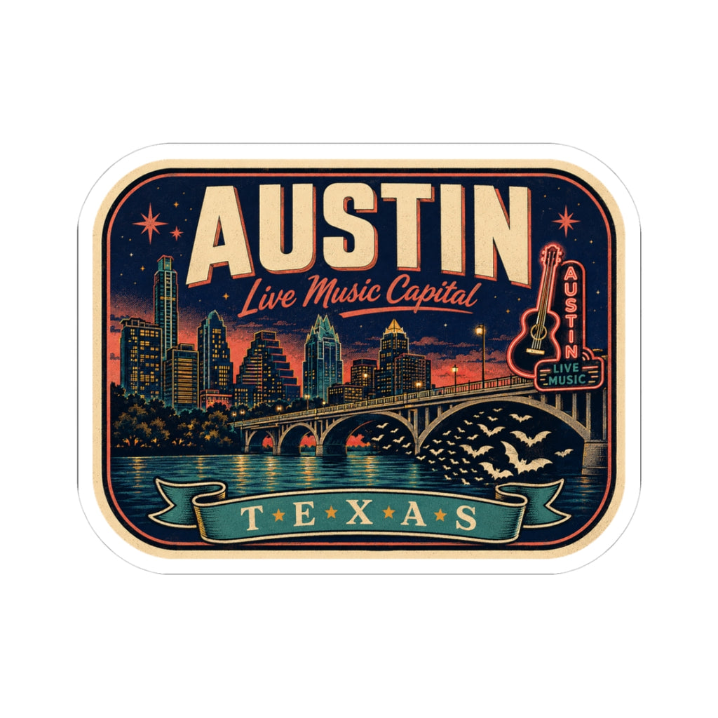 Austin luggage tag sticker with city skyline, “Live Music Capital” and “Texas” banner