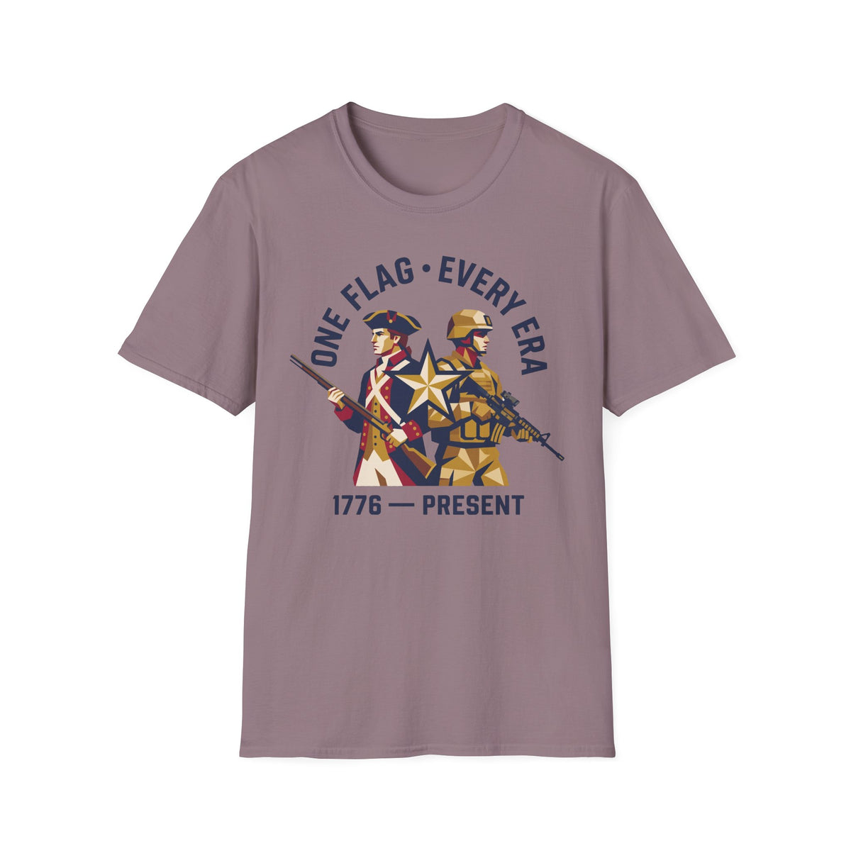 Taupe military graphic t-shirt with soldier and '1776–present' emblem