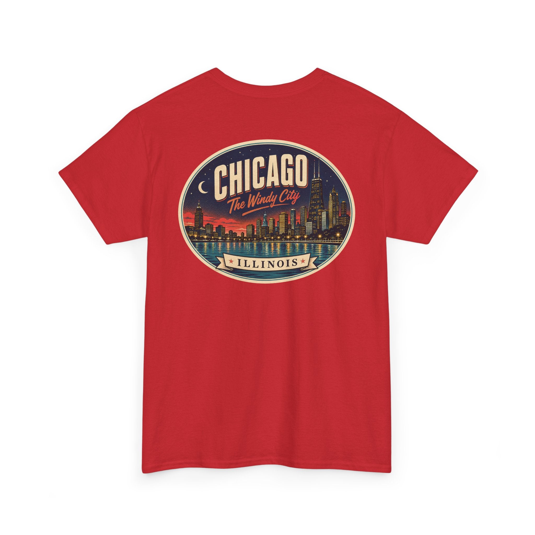 Red T-shirt with large circular Chicago skyline badge graphic on chest