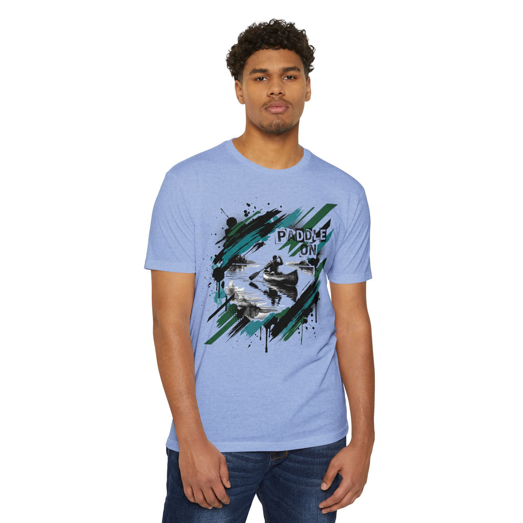 Light blue unisex T-shirt with kayaking graphic and paddle-on text