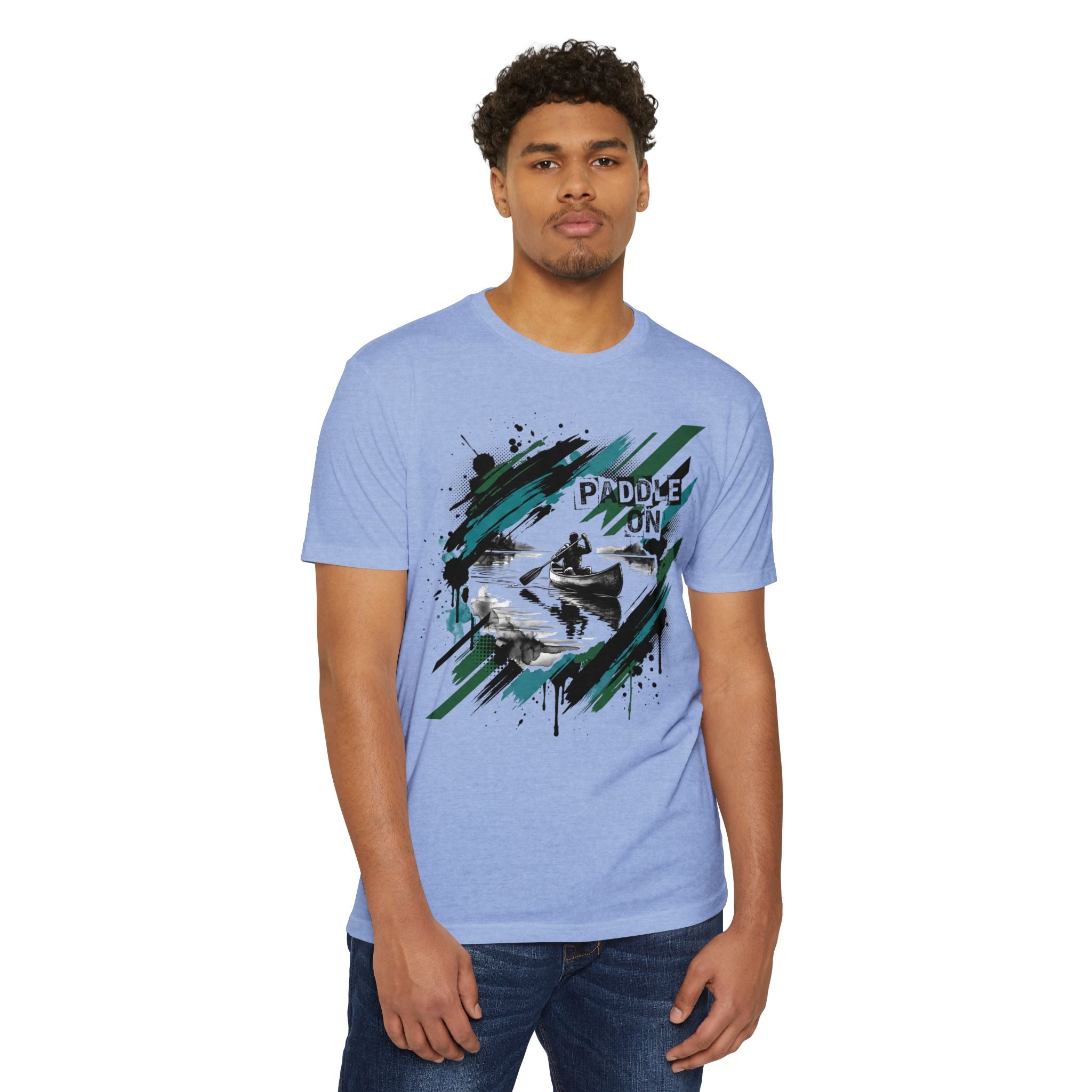 Light blue unisex T-shirt with kayaking graphic and paddle-on text