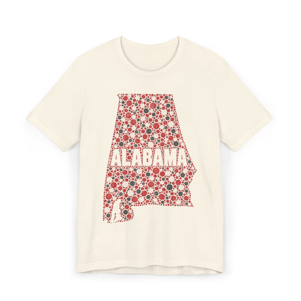 Cream Alabama graphic T-shirt with red dotted state outline and “ALABAMA” text