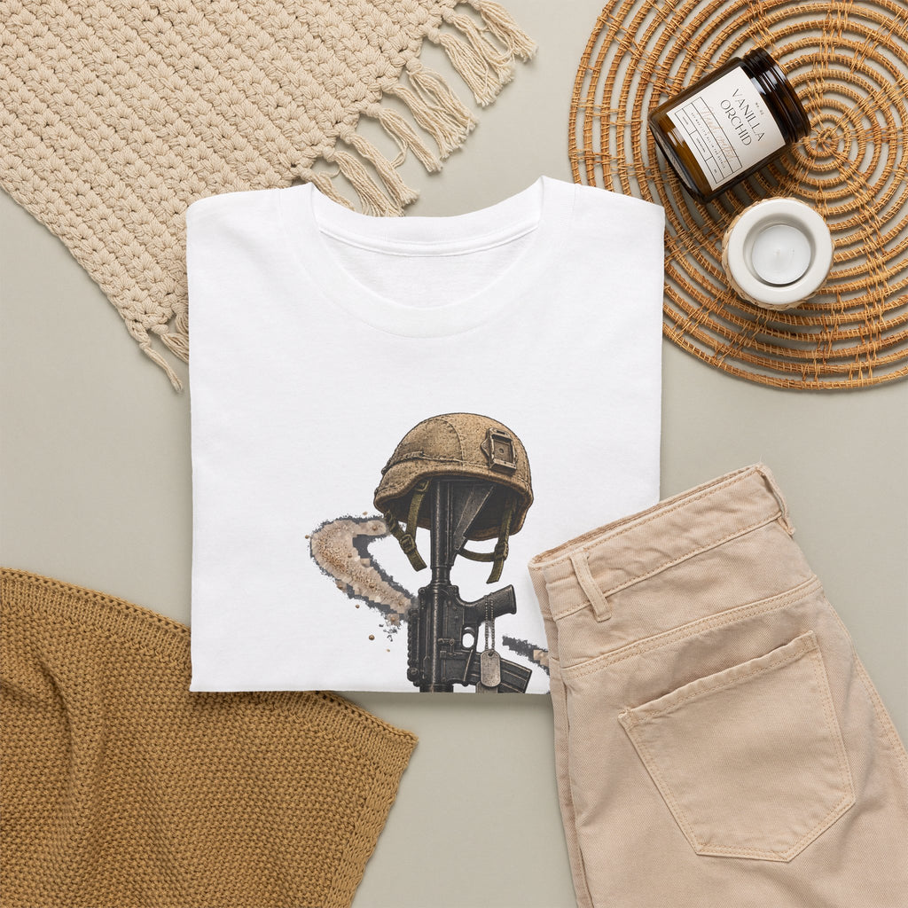 White crewneck T-shirt with helmet-and-rifle graphic, front view