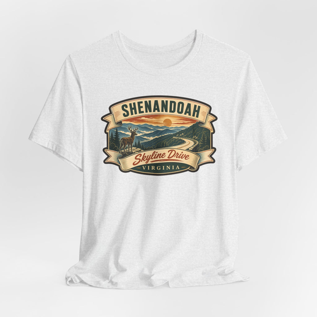 Light gray short-sleeve t-shirt with vintage Skyline Drive badge graphic on chest