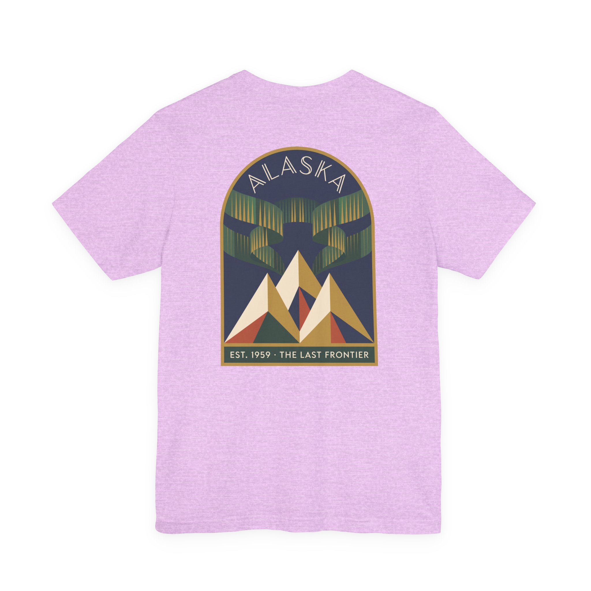 Light purple graphic T-shirt with Alaska aurora badge and mountain design