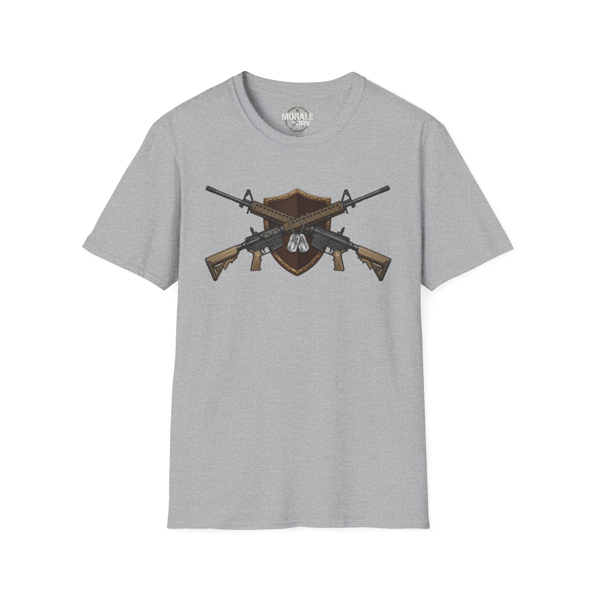 Sport grey T-shirt with crossed rifles shield emblem graphic on chest