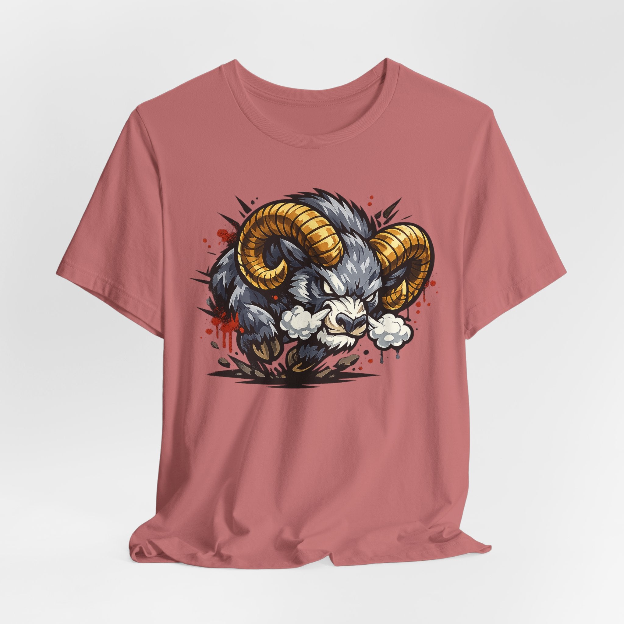 Dusty pink T-shirt featuring horned ram illustration with horns.