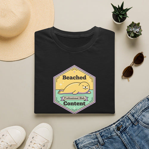 Black seal badge graphic T-shirt with 'Beached Content' text