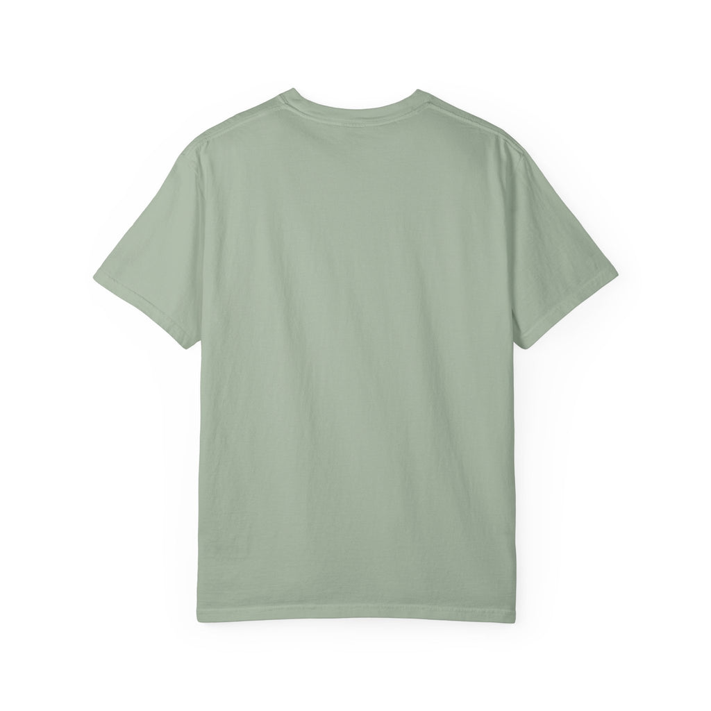 Sage green short-sleeve T-shirt, plain back view with crew neck seam