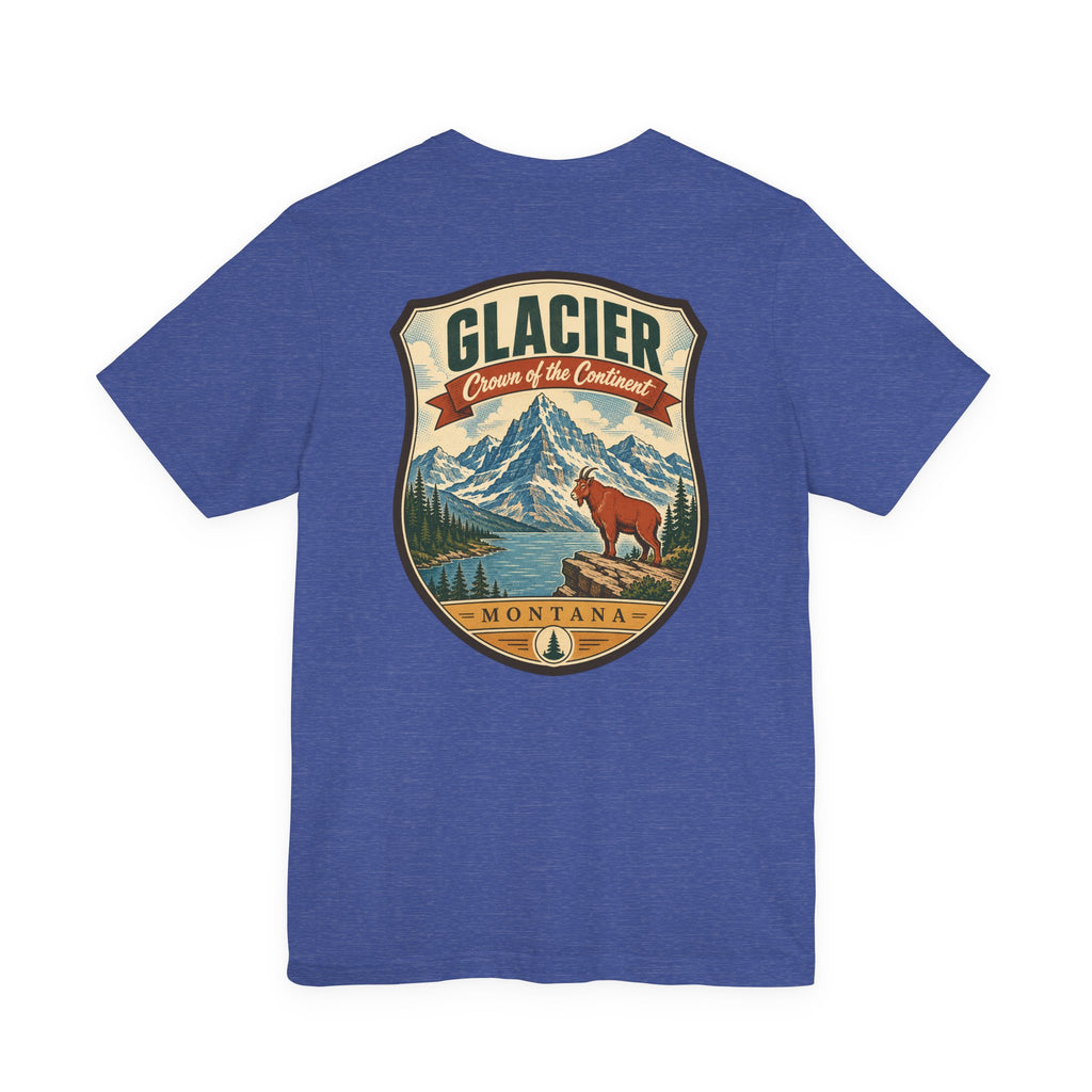 Glacier National Park t-shirt in royal blue with large centered mountain and bear graphic