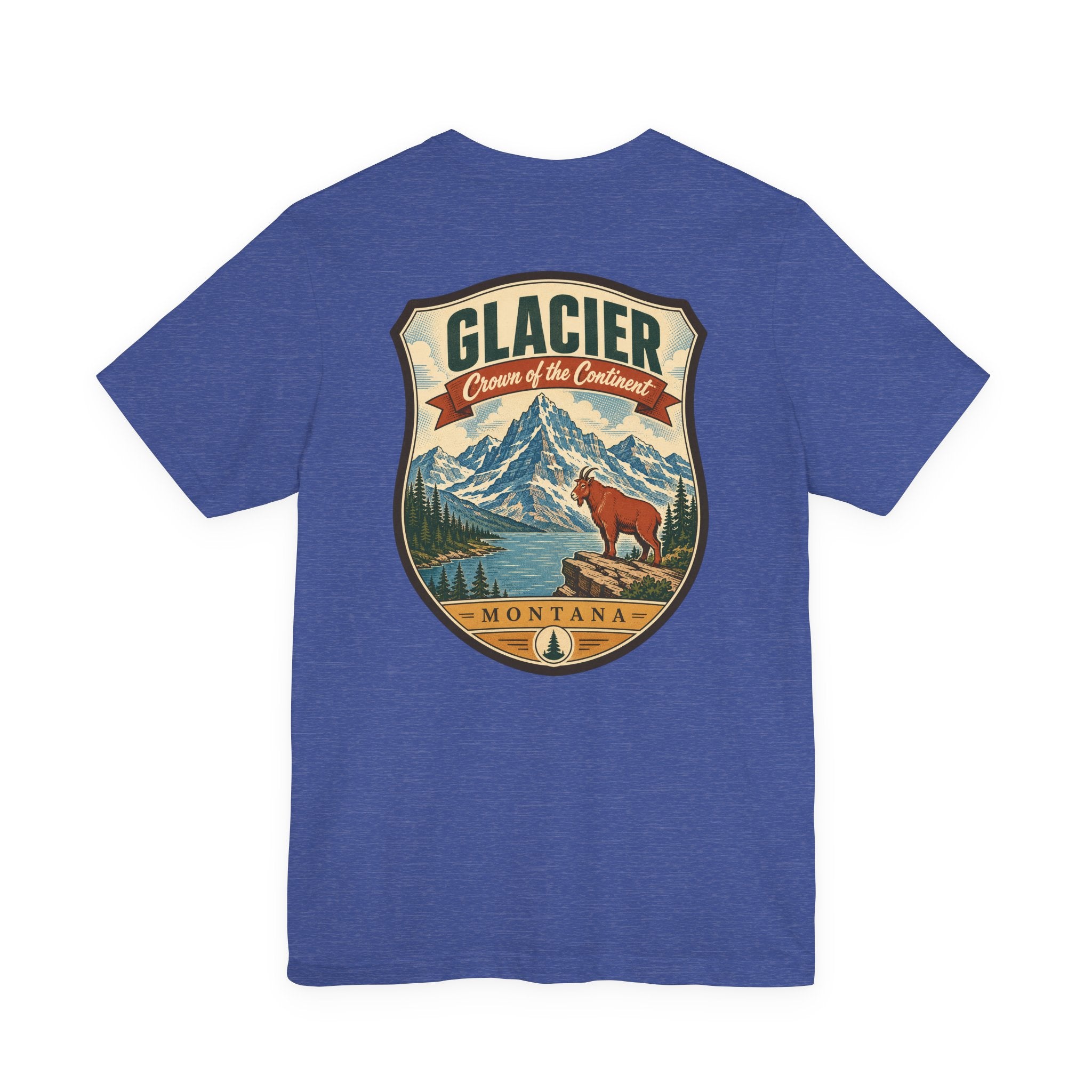 Glacier National Park t-shirt in royal blue with large centered mountain and bear graphic