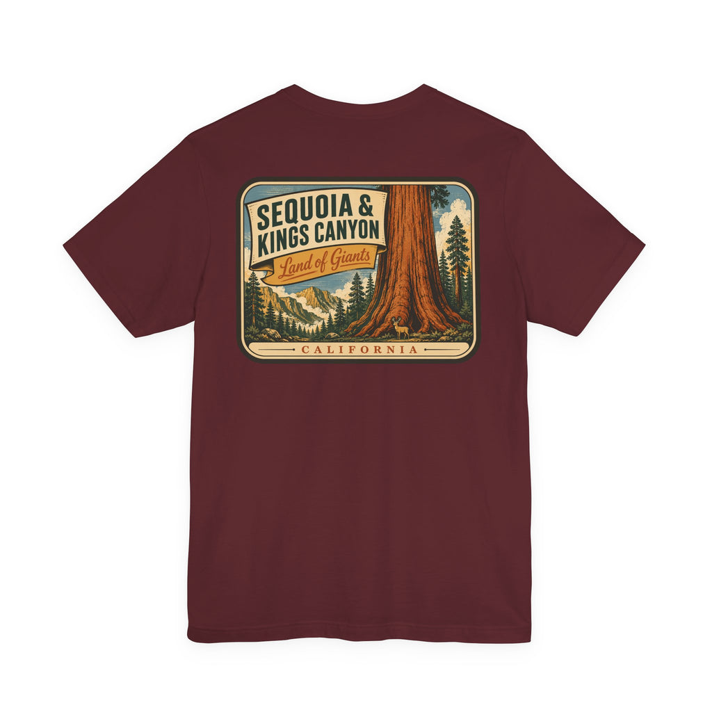 Maroon crewneck T-shirt with large back rectangle graphic: Sequoia & Kings Canyon, California