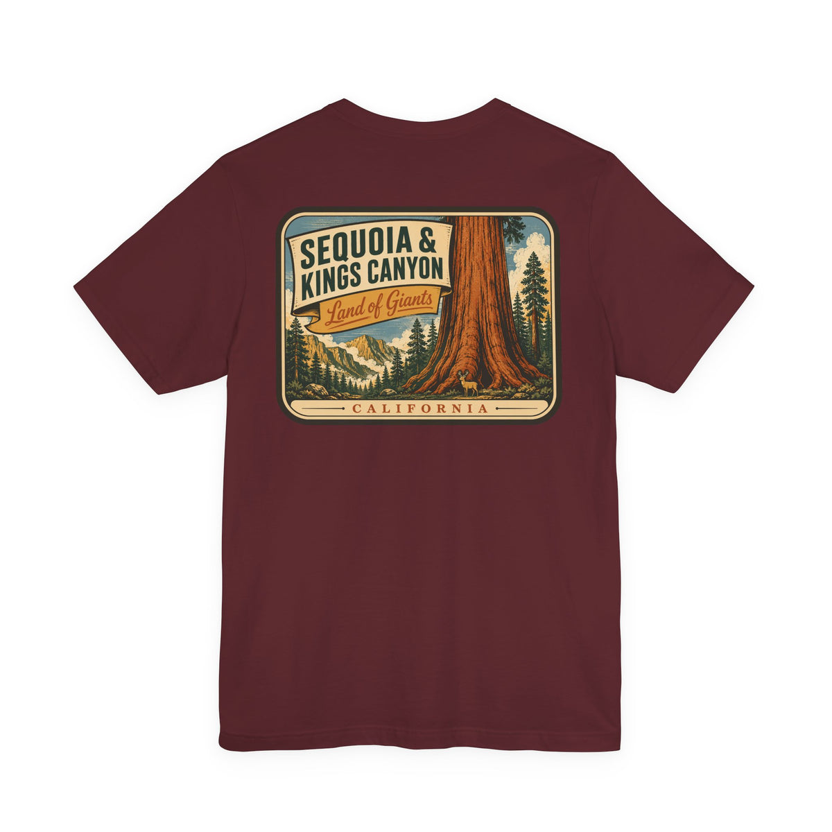 Maroon crewneck T-shirt with large back rectangle graphic: Sequoia & Kings Canyon, California