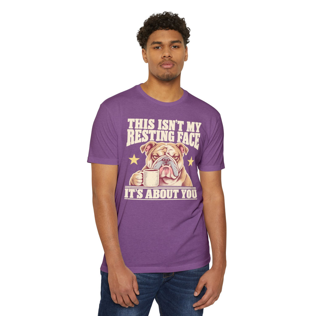 Purple crewneck t-shirt with grumpy bulldog graphic and “It’s about you” text