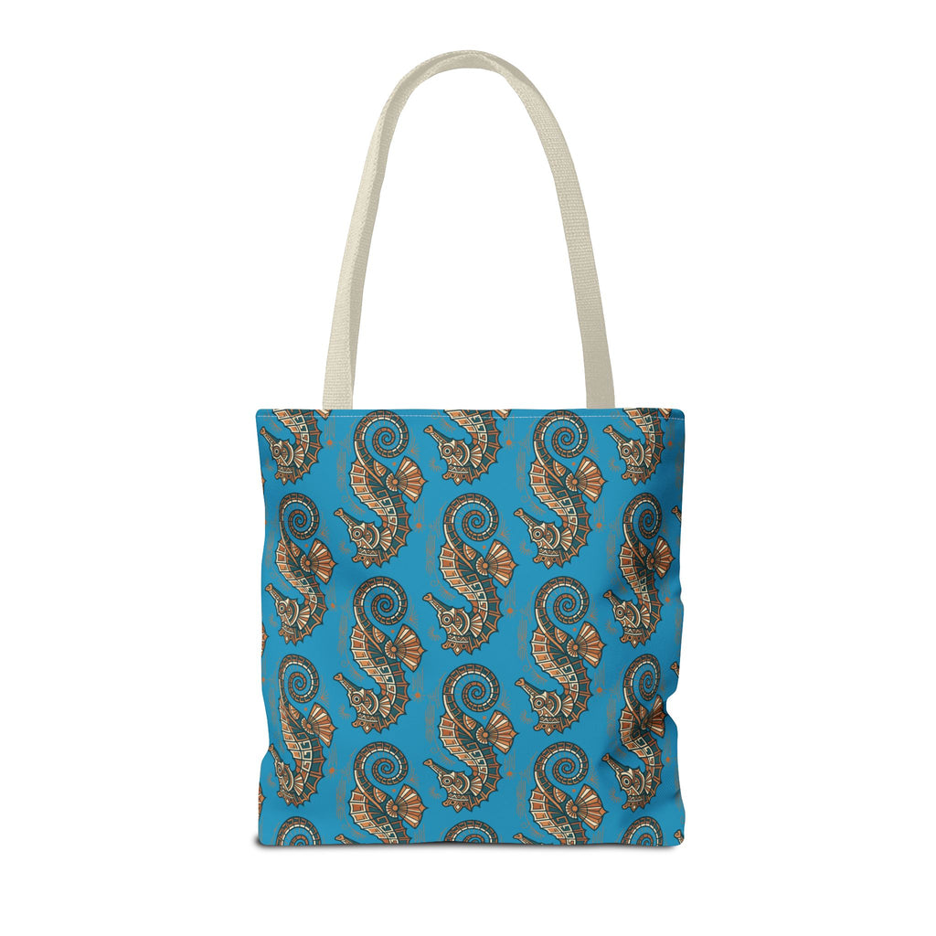 Blue tote bag with steampunk seahorse all-over print and beige handles