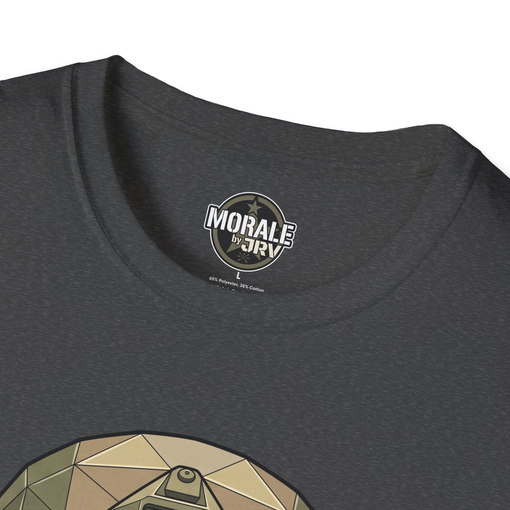 Dark heather T-shirt neckline with 'Morale by JRI' emblem