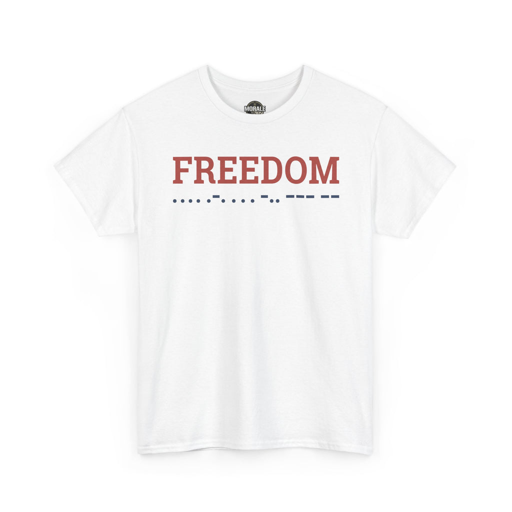 Freedom T-shirt, white crewneck with red 'FREEDOM' and Morse code line
