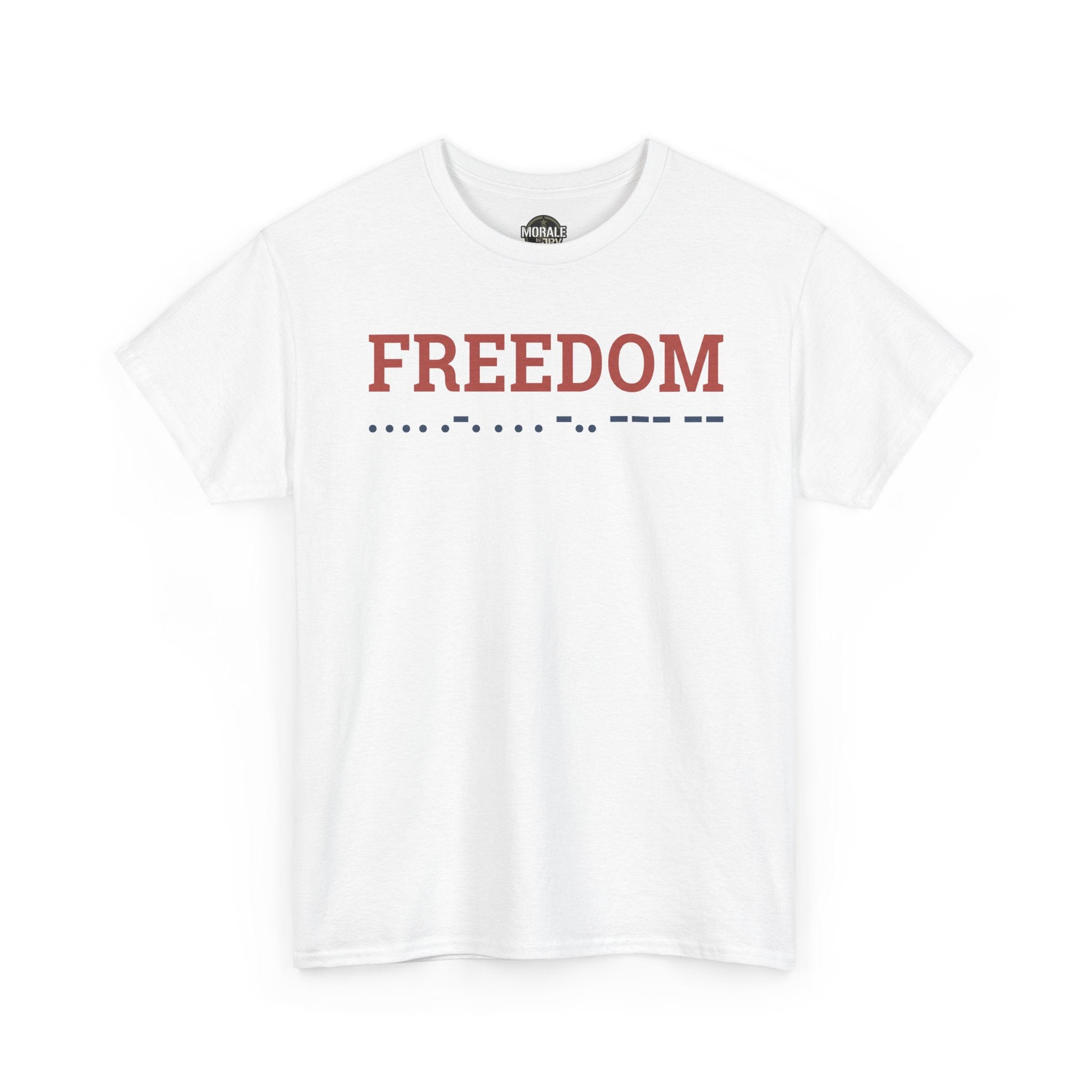 Freedom T-shirt, white crewneck with red 'FREEDOM' and Morse code line