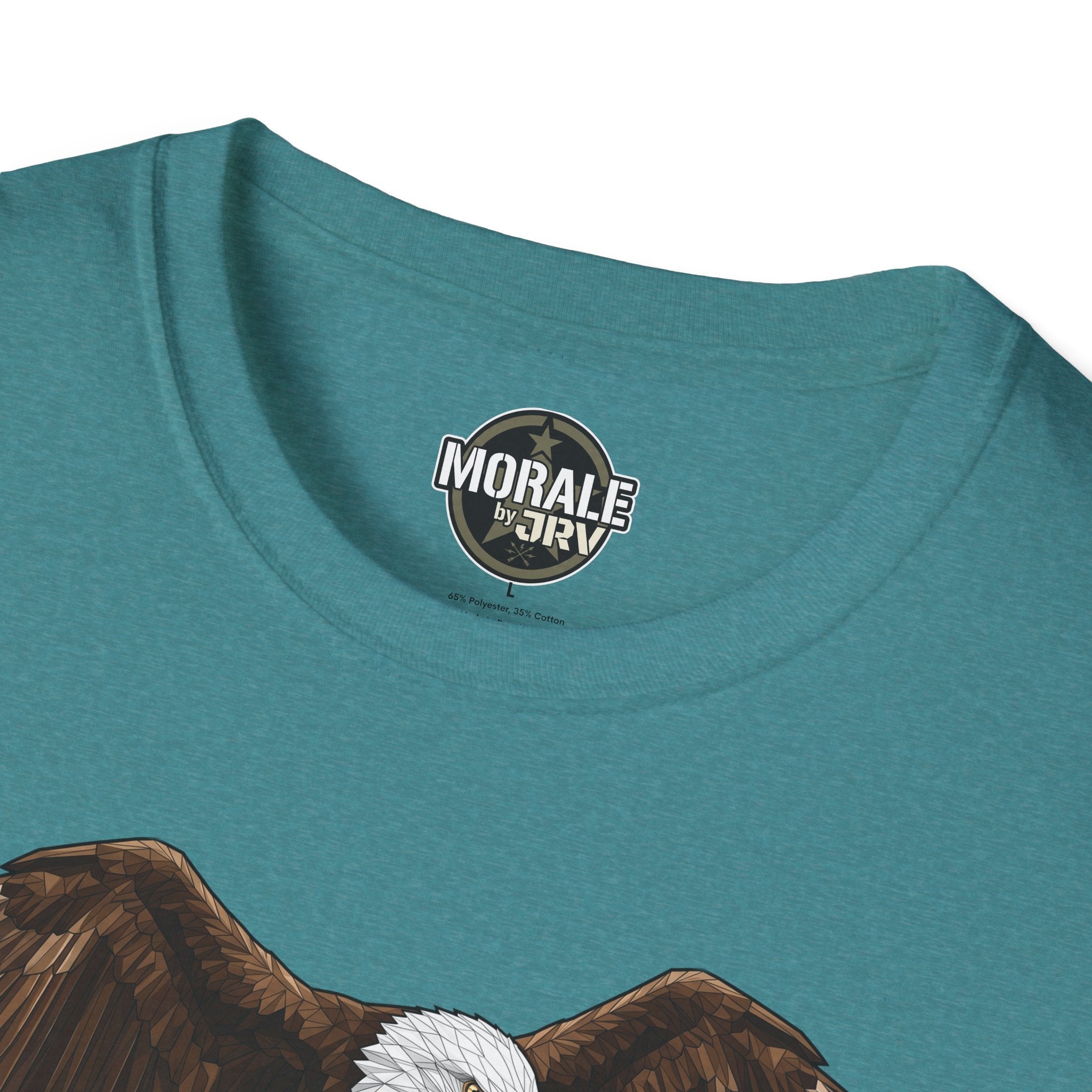 Heather Galapagos Blue crew-neck T-shirt with chest logo above partial eagle-tank art