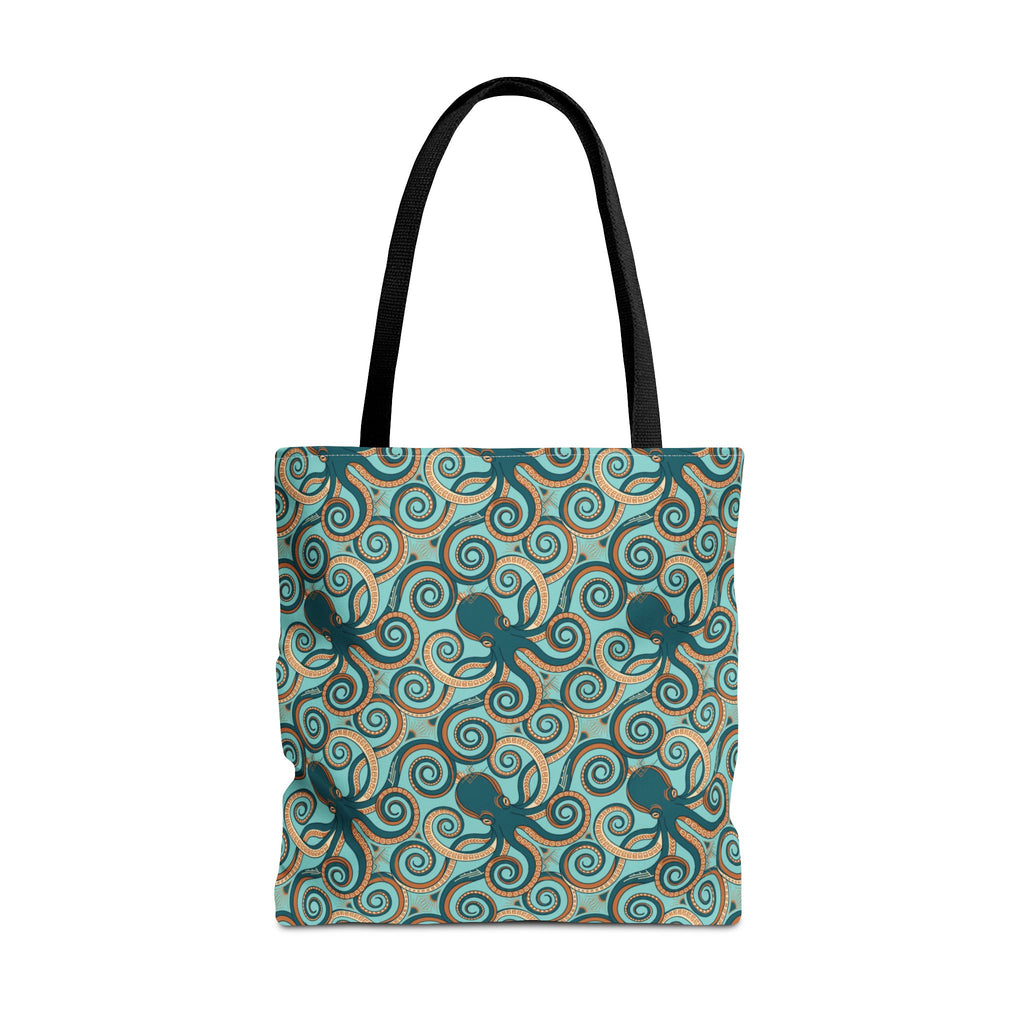 Teal tote bag with all-over octopus swirl pattern and black handles