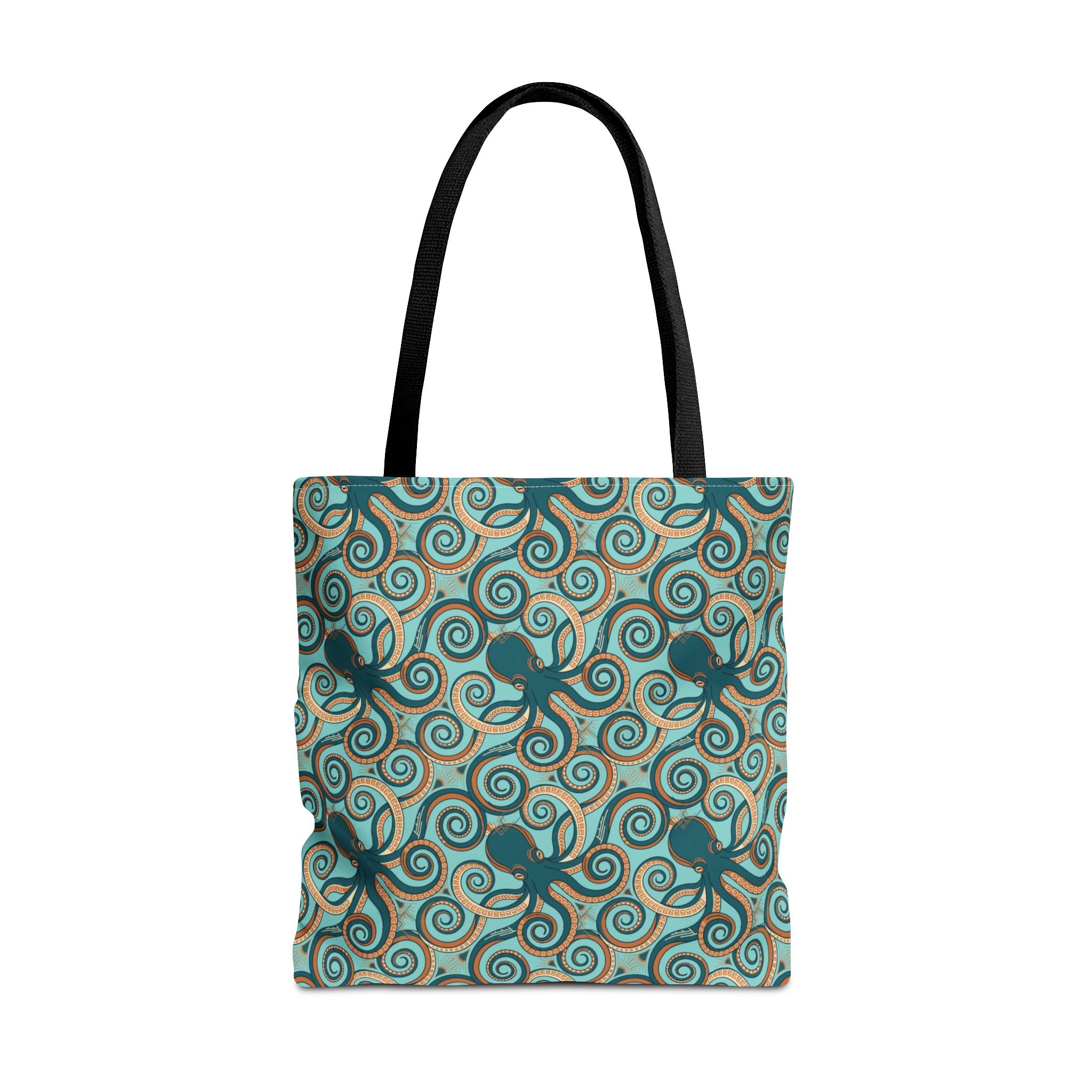 Teal tote bag with all-over octopus swirl pattern and black handles