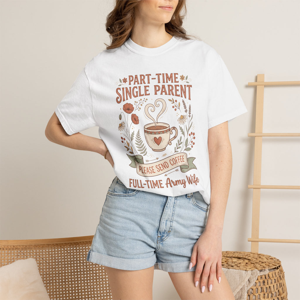White t-shirt worn by model with floral coffee graphic and heart icon