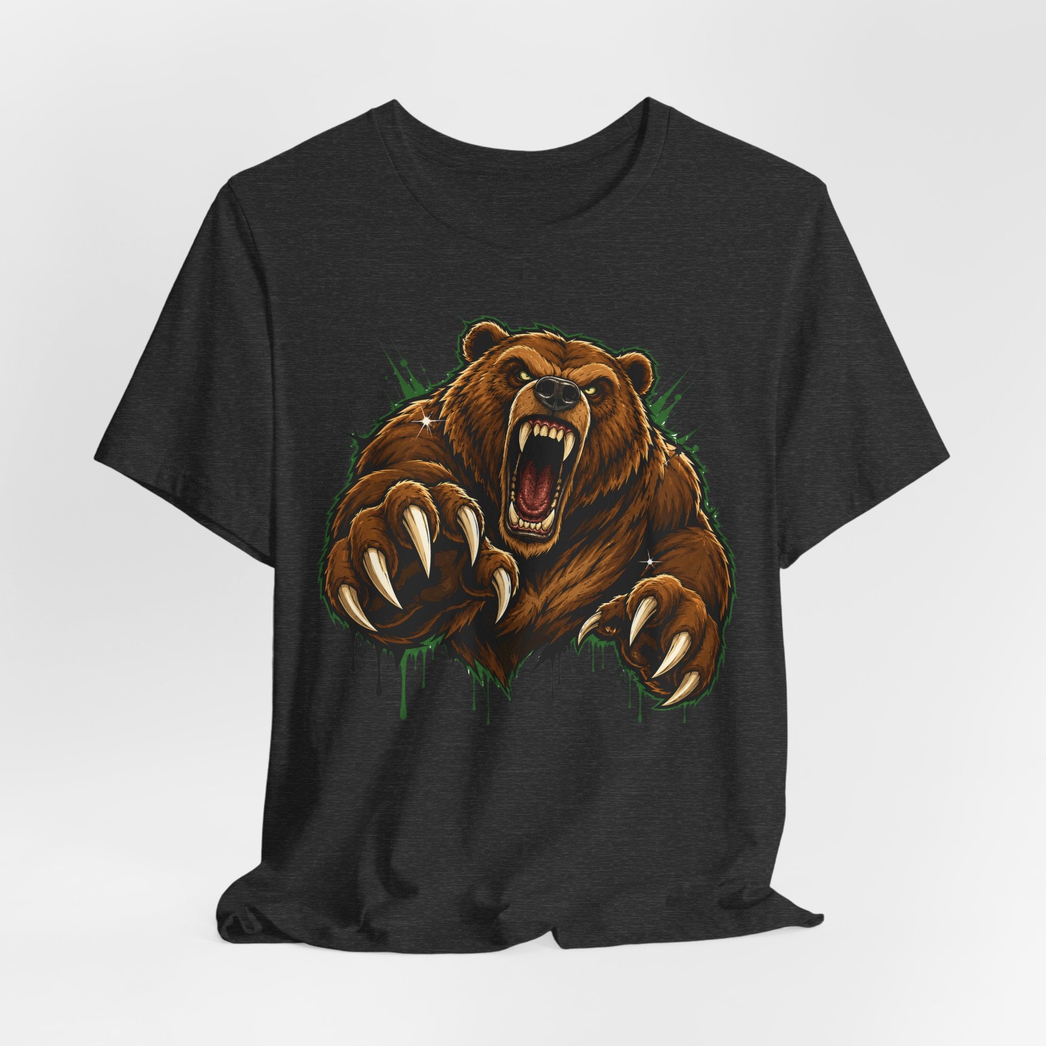 Black unisex crew-neck T-shirt with roaring grizzly bear illustration.