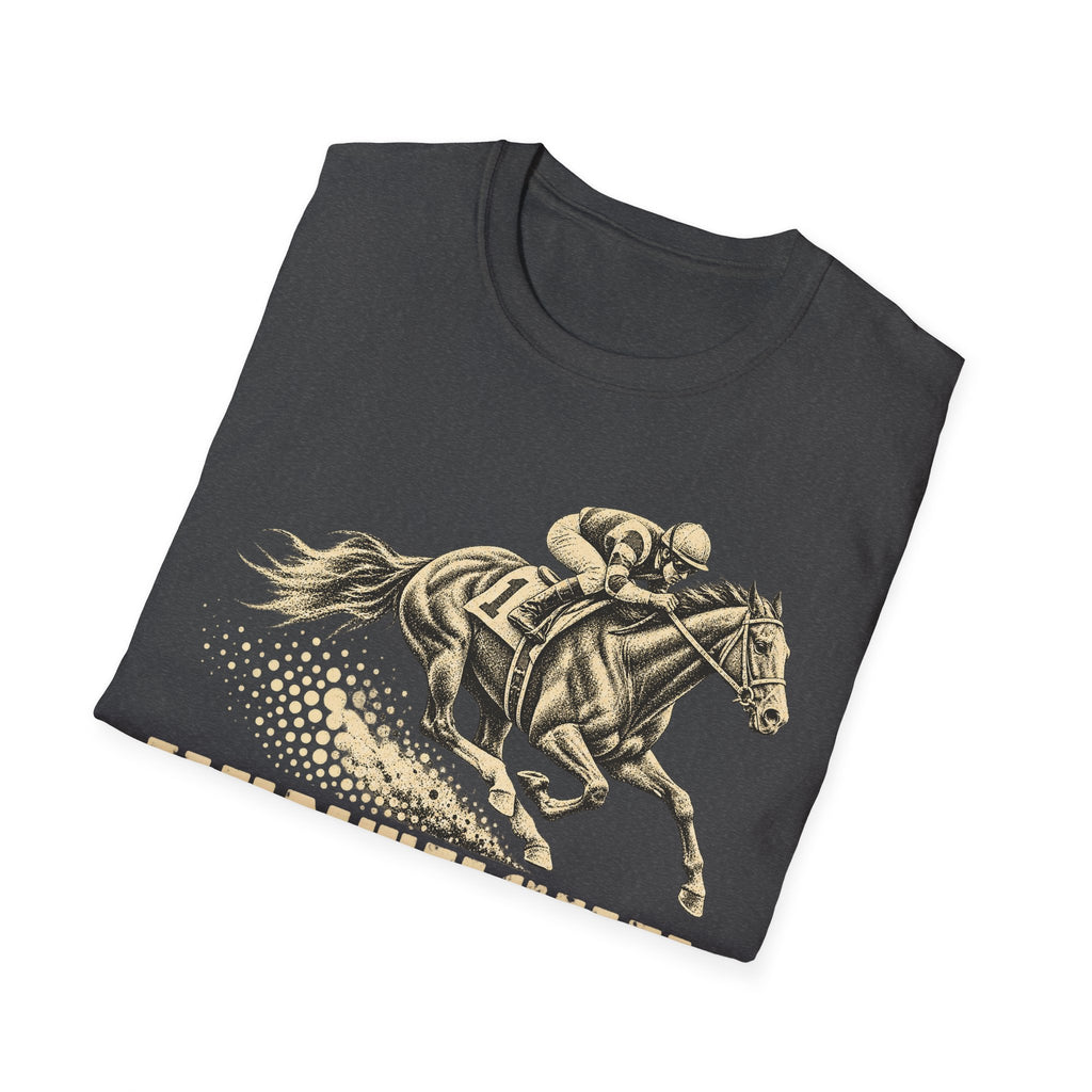 Dark gray crew-neck graphic T-shirt with jockey riding a galloping horse