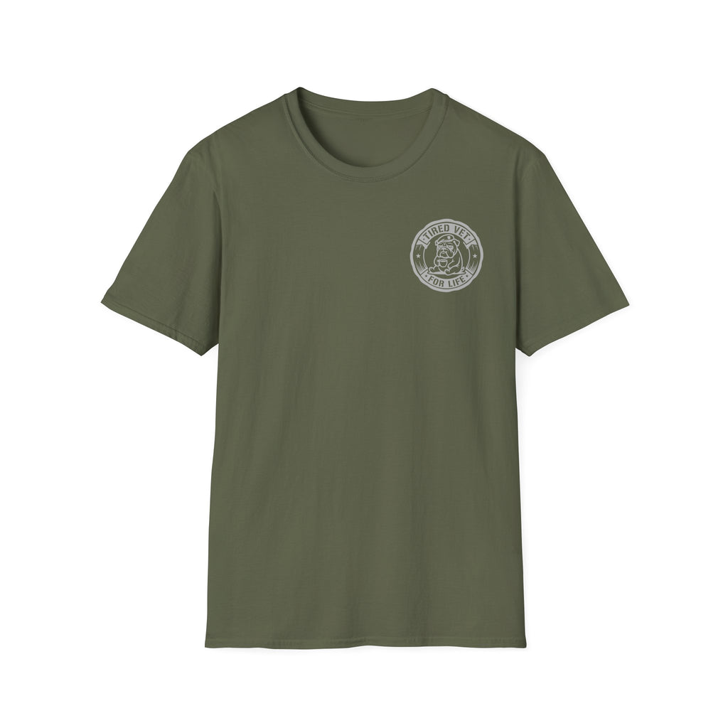Dark green crew-neck T-shirt with circular chest badge